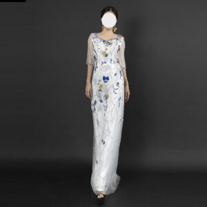 Elegant White Evening Gown with Mixed Beaded Embroidery - Half Sleeve V-Neck Formal Dress for Gala, Wedding & Luxury Events