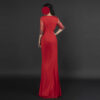 Luxury Red Evening Gown with Silver Beaded Embroidery - Half Sleeve V-Neck Formal Dress for Gala, Red Carpet & Elegant Events