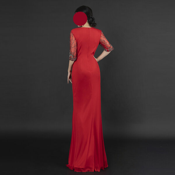 Luxury Red Evening Gown with Silver Beaded Embroidery - Half Sleeve V-Neck Formal Dress for Gala, Red Carpet & Elegant Events