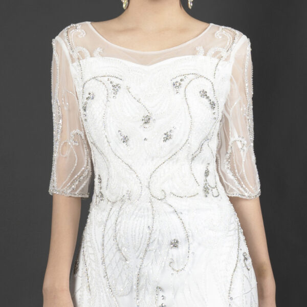 Vintage-Inspired White Beaded Evening Gown with Half Sleeves - Art Deco Style Embellished Formal Dress for Roaring 20s Gala, Wedding & Luxury Events