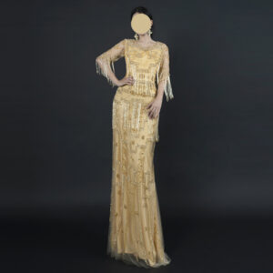 Roaring 20s Gold Fringe Evening Gown - Art Deco Beaded Flapper Dress with Tassel Sleeves for Gatsby Theme, Gala & Vintage Events