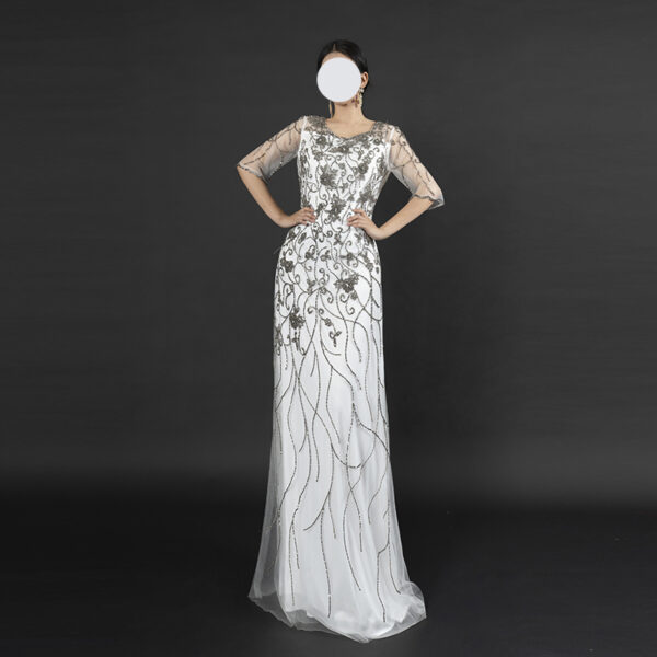 Elegant White Evening Gown with Silver Floral Beaded Embroidery - Half Sleeve Formal Dress for Gala, Wedding & Red Carpet Events