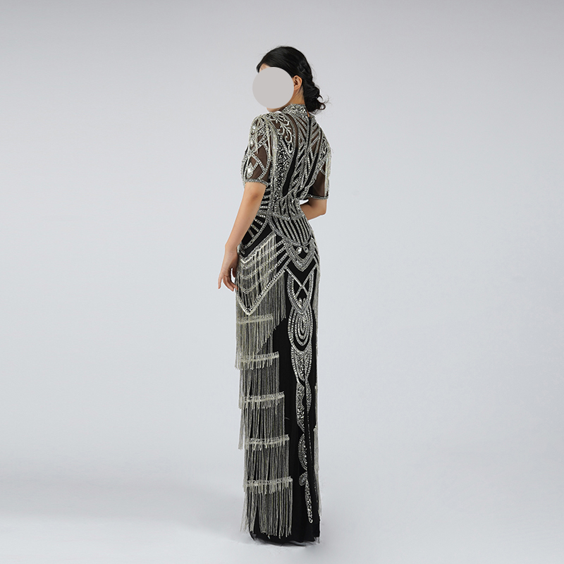 Luxury Black & Gold Beaded Fringe Evening Gown - Art Deco Inspired High Neck Formal Dress with Intricate Embroidery - Image 5