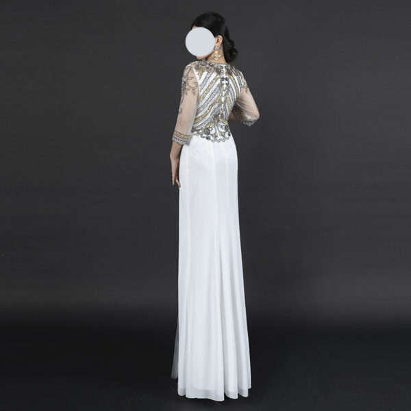 Glamorous White Evening Gown with Silver & Gold Beaded Embroidery - Half Sleeve High-Slit Mermaid Formal Dress for Red Carpet, Gala & Luxury Occasions