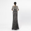 Black Beaded Evening Gown with Vintage Art Deco Pattern and Fringe Details