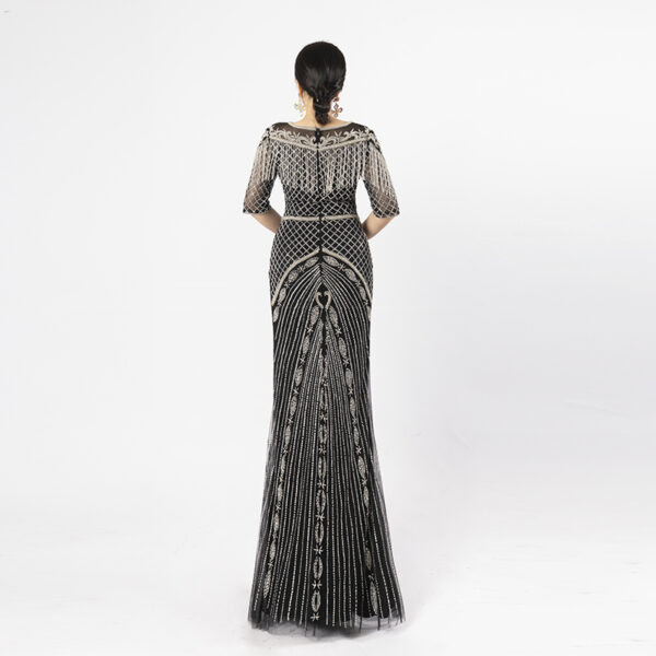 Black Beaded Evening Gown with Vintage Art Deco Pattern and Fringe Details