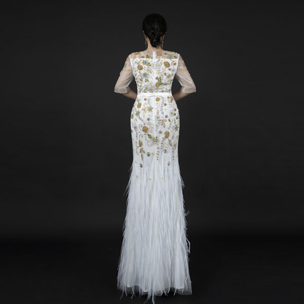 White Feather Mermaid Evening Dress with Floral Embroidery — Elegant Formal Gown for Special Occasions