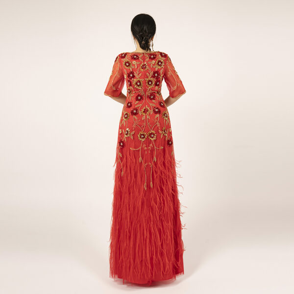Luxury Red Feather Evening Dress with Gold Floral Embroidery & Rhinestones - Half Sleeve Formal Gown for Gala, Wedding & Red Carpet Events