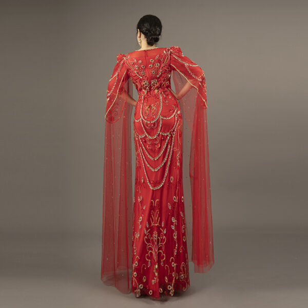 Opulent Red Embroidered Evening Gown with Cape Sleeves - Gold & Rhinestone Embellished Mermaid Formal Dress for Pageant, Gala & Luxury Events