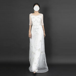 Vintage-Inspired White Beaded Evening Gown with Half Sleeves - Art Deco Style Embellished Formal Dress for Roaring 20s Gala, Wedding & Luxury Events