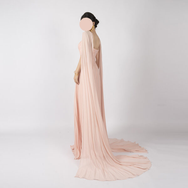 Luxury Blush Pink Lace-Embellished Gown with Dramatic Sheer Cape Formal Dress for Arabic Weddings