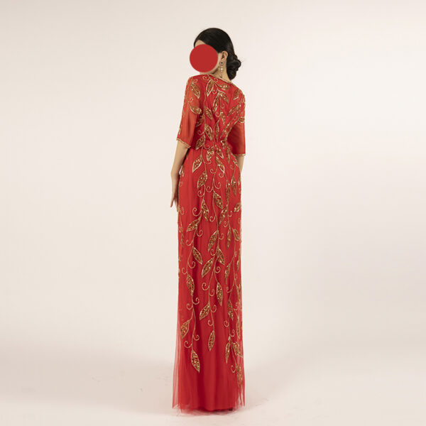 Elegant Red Beaded Mother of the Bride Dress with Half Sleeves — Handcrafted Evening Gown for Formal Occasions