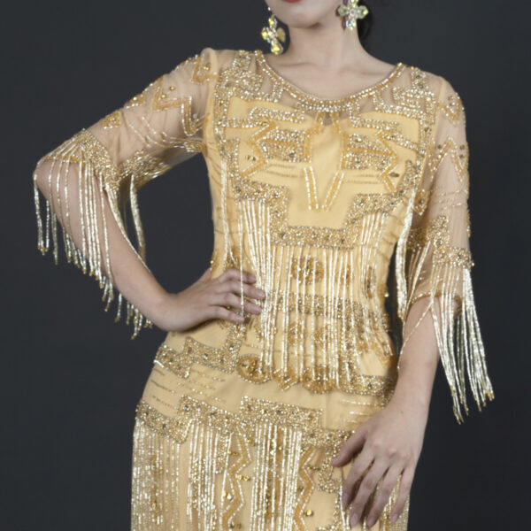 Roaring 20s Gold Fringe Evening Gown - Art Deco Beaded Flapper Dress with Tassel Sleeves for Gatsby Theme, Gala & Vintage Events