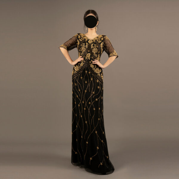 Elegant Black and Gold Embroidered Evening Gown – Mother of the Bride Dress with Sheer Sleeves