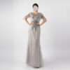 Silver Hand-Beaded Evening Gown with Sheer Sleeves