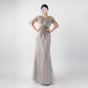 Silver Hand-Beaded Evening Gown with Sheer Sleeves