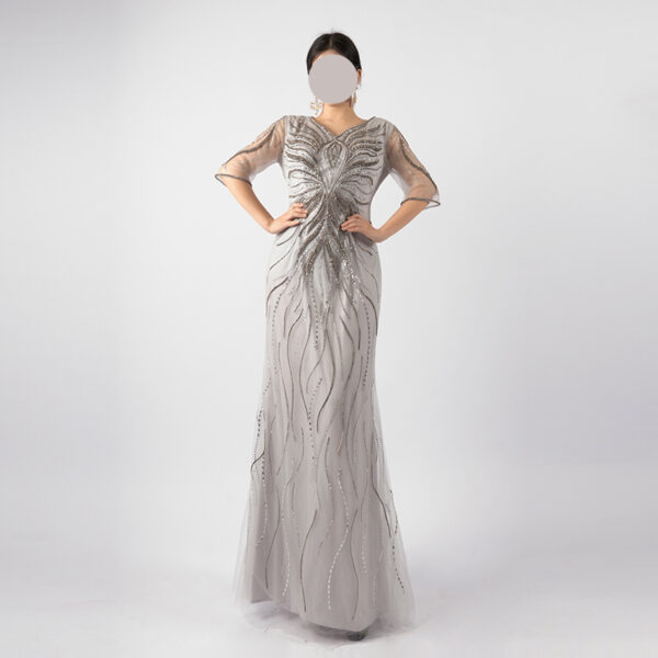 Silver Hand-Beaded Evening Gown with Sheer Sleeves