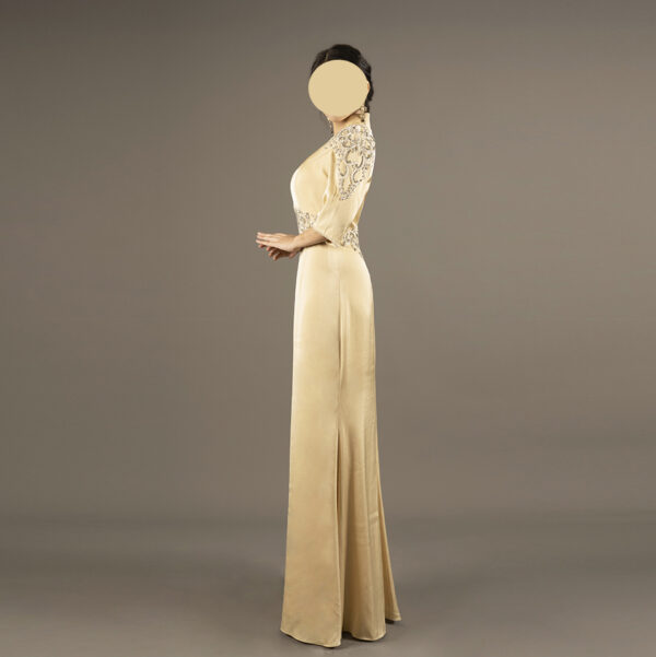 Champagne Gold Evening Gown with Shoulder & Waist Embroidery – Elegant Formal Dress