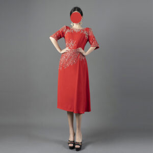 Red Midi Dress with Crystal Beaded Embroidery - Elegant Cocktail & Party Gown