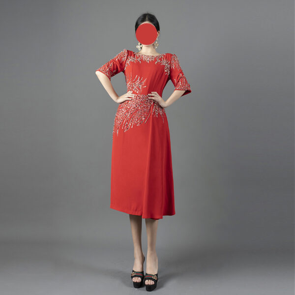 Red Midi Dress with Crystal Beaded Embroidery - Elegant Cocktail & Party Gown