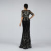 Black Sequin Evening Gown with Elegant Leaf Pattern and Sheer Sleeves
