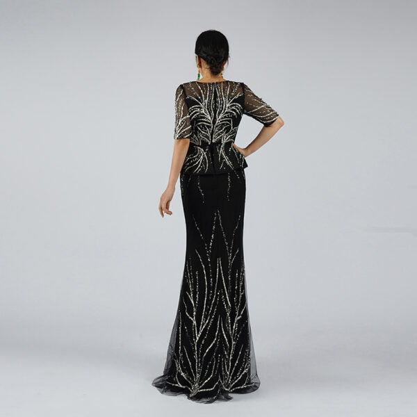 Black Sequin Evening Gown with Elegant Leaf Pattern and Sheer Sleeves