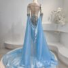 Glamorous Blue & Silver Sequin Evening Gown with Sheer Cape & Embellished Gloves