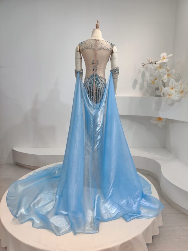 Glamorous Blue & Silver Sequin Evening Gown with Sheer Cape & Embellished Gloves