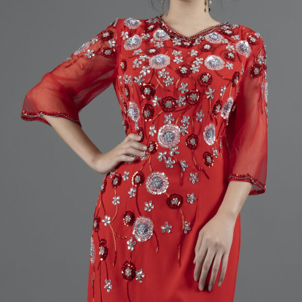 Red Hand-Beaded Cocktail Dress with Floral Embellishments