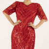 Glamorous Red Sequin & Feather Evening Gown - Half Sleeve Mermaid Formal Dress