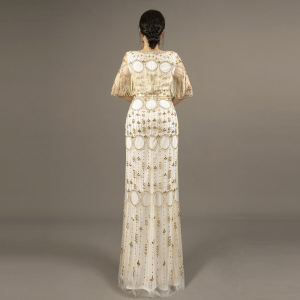Luxury Gold Hand Beaded Evening Dress – Long Gown with Tassel Sleeves for Gala or Event