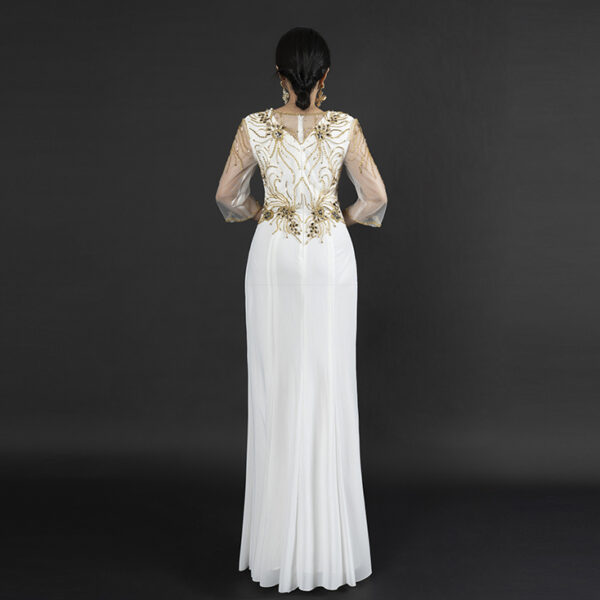 White Gold Beaded Evening Gown – Elegant Kaftan Style Formal Dress with Sheer Sleeves & Front Slit