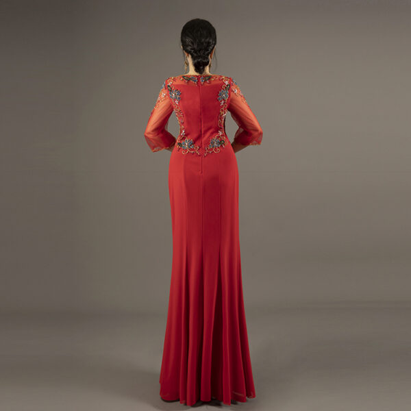 Red Beaded Evening Gown – Elegant Formal Dress with Sheer Sleeves & Front Slits for Weddings & Parties