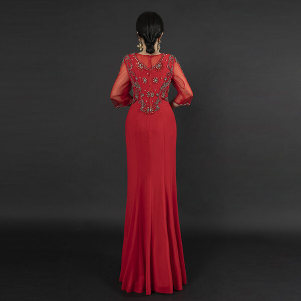 Women's Red Beaded Embroidered Evening Gown - V-Neck Mermaid Formal Dress with Side Slit