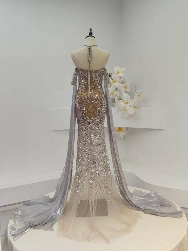 Sparkling Crystal Mermaid Runway Dress with Cape