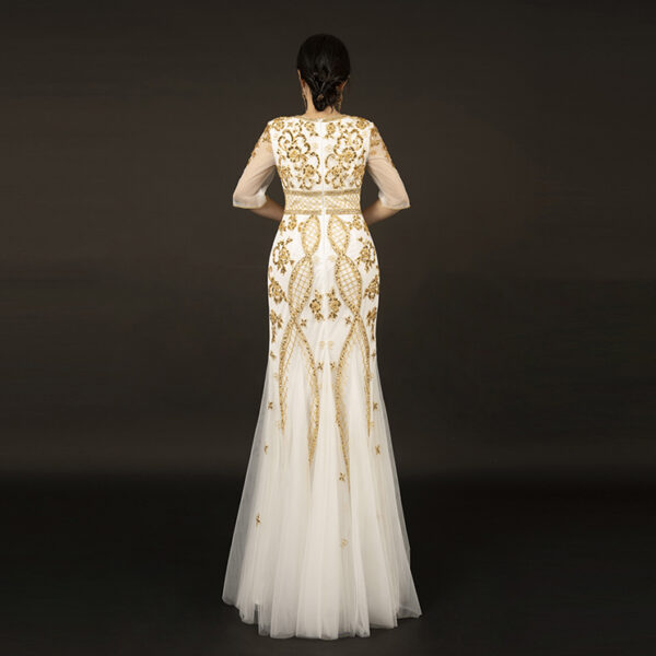 White and Gold Formal Evening Dress with Handmade Embroidery