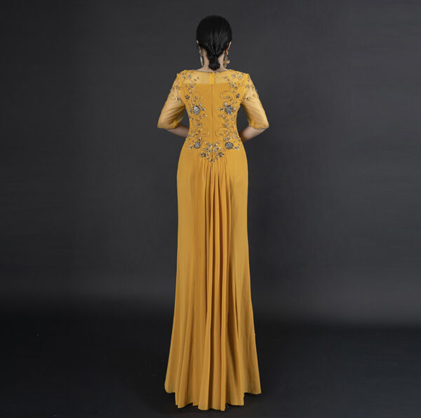 Yellow Prom & Evening Gown with Handmade Silver Floral Embroidery
