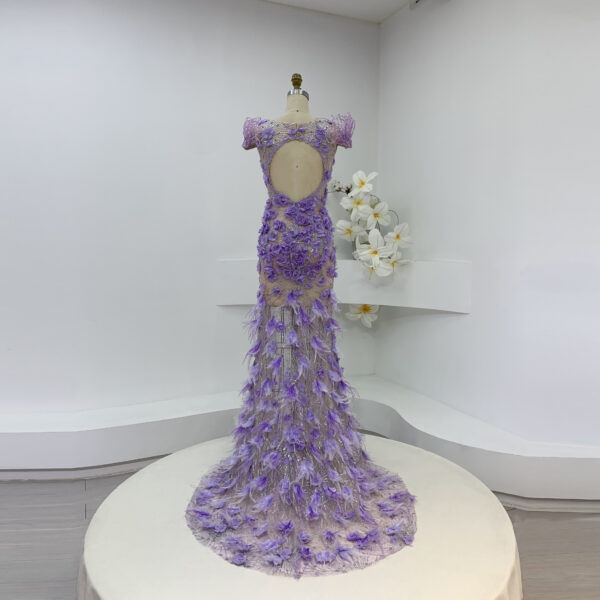 Lavender Couture Evening Gown with 3D Flowers and Feather Details