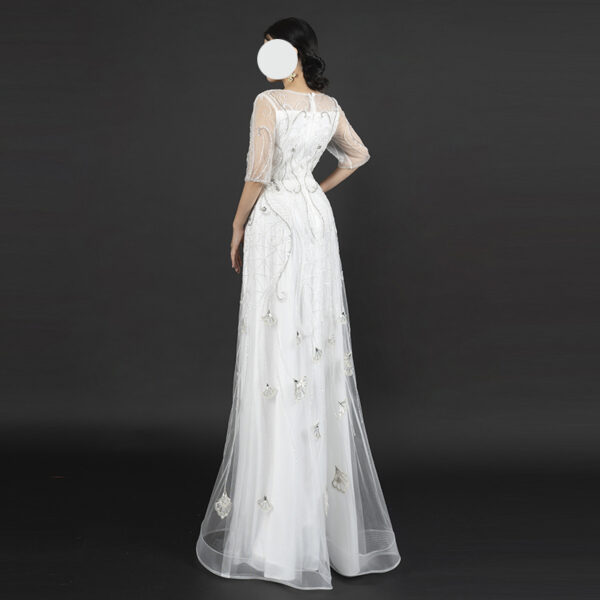 Vintage-Inspired White Beaded Evening Gown with Half Sleeves - Art Deco Style Embellished Formal Dress for Roaring 20s Gala, Wedding & Luxury Events