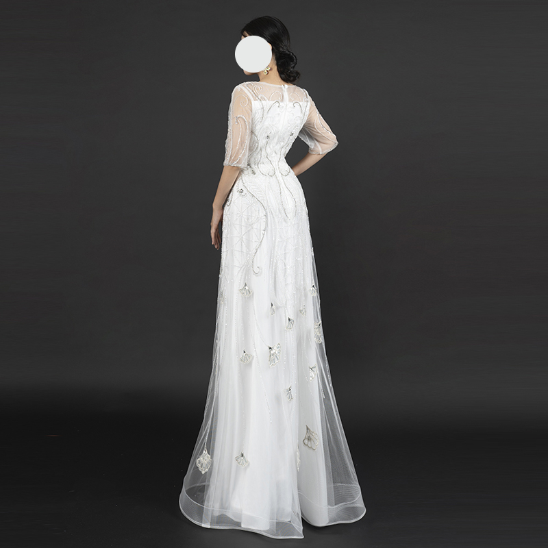 Vintage-Inspired White Beaded Evening Gown with Half Sleeves - Art Deco Style Embellished Formal Dress for Roaring 20s Gala, Wedding & Luxury Events