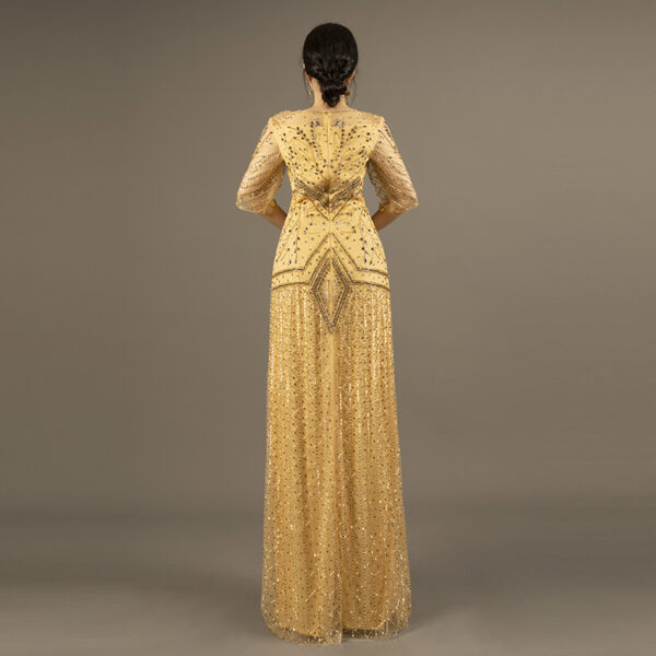 Gold Beaded Evening Gown for Mother of the Bride – Elegant Half Sleeve Formal Dress with Geometric Hand Embroidery