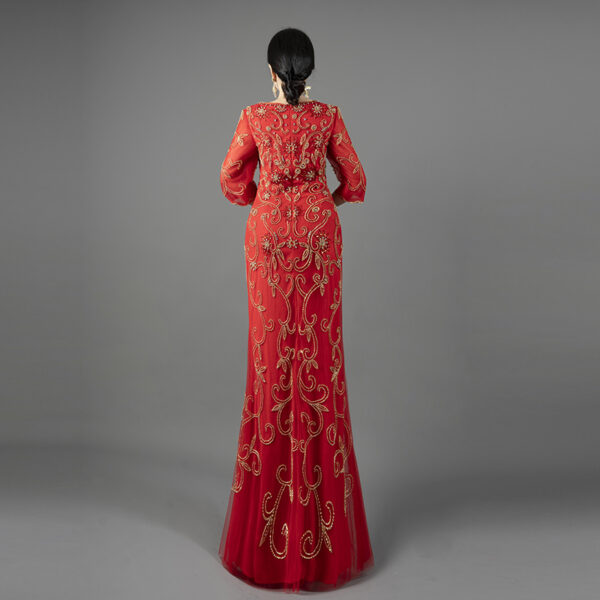 Luxury Red Evening Gown with Gold Floral Embroidery - Half Sleeve V-Neck Formal Dress