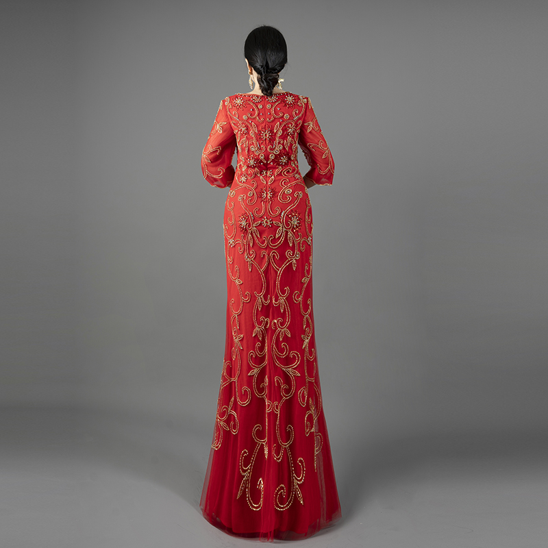 Luxury Red Evening Gown with Gold Floral Embroidery - Half Sleeve V-Neck Formal Dress