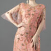 Elegant Coral Pink Evening Gown with Floral Beaded Embroidery - Flutter Sleeve V-Neck Formal Dress for Gala, Wedding & Prom Events