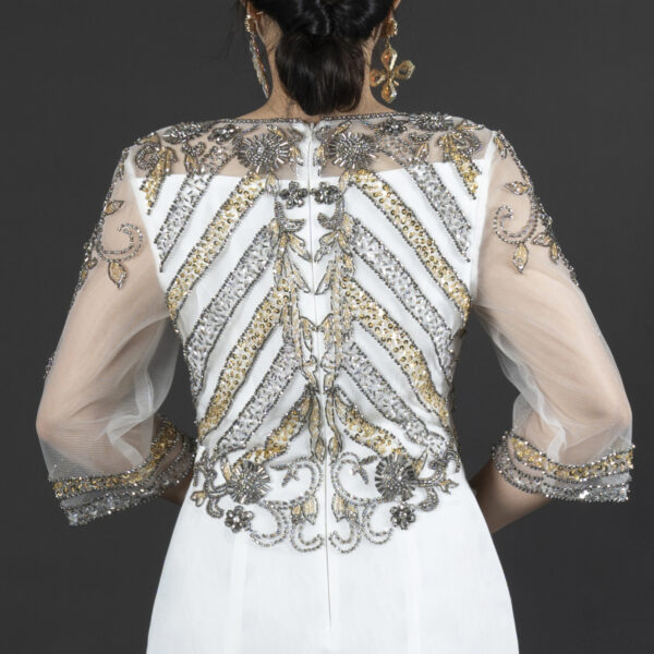 Glamorous White Evening Gown with Silver & Gold Beaded Embroidery - Half Sleeve High-Slit Mermaid Formal Dress for Red Carpet, Gala & Luxury Occasions