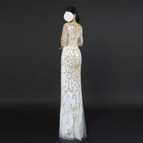 Glamorous White Evening Gown with Gold & Silver Beaded Embroidery - Half Sleeve Mermaid Formal Dress for Gala, Red Carpet & Luxury Occasions