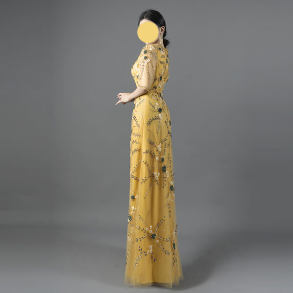 Elegant Yellow Floral Beaded Evening Dress – Half Sleeve Mother of the Bride Gown with 3D Embroidery and Tulle Overlay