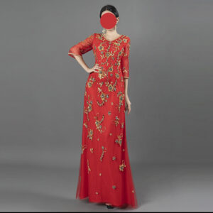 Luxury Red Evening Gown with Multicolor Floral Beaded Embroidery