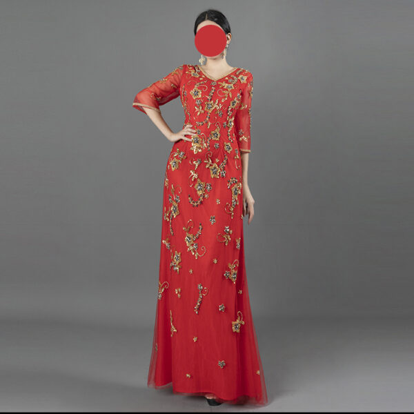 Luxury Red Evening Gown with Multicolor Floral Beaded Embroidery