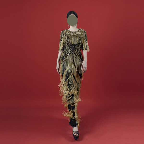 Roaring 20s Black & Gold Fringe Jumpsuit - Art Deco Beaded Flapper Outfit for Gatsby Theme, Gala & Vintage Events
